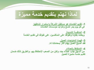 1
-
‫مستقبل‬ ‫هو‬ ‫الخدمات‬ ‫تقديم‬
‫نشاطها‬ ‫واستمرار‬ ‫الشركة‬
.
‫الخدمات‬ ‫مؤسسات‬ ‫وتتزايد‬ ‫تتسع‬ ‫يمر‬ ‫يوم‬ ‫كل‬ ‫في‬
2
-
‫الشديدة‬ ‫المنافسة‬
.
‫ويع‬
‫ت‬
‫الخدم‬ ‫تقديم‬ ‫في‬ ‫تفوقنا‬ ‫على‬ ،‫المنافسين‬ ‫على‬ ‫وتفوقنا‬ ‫بقاؤنا‬ ‫مد‬
‫ة‬
3
-
‫العميل‬ ‫الحتياجات‬ ‫فهمنا‬
.
‫فقد‬
‫له‬ ‫بمعاملتنا‬ ‫أكثر‬ ‫يهتم‬ ‫العميل‬ ‫أصبح‬
.
4
-
‫ا‬
‫بالعمالء‬ ‫الحتفاظ‬
.
‫بهم‬ ‫اإلحتفاظ‬ ‫الصعب‬ ‫من‬ ‫ولكن‬ ‫جدد‬ ‫عمالء‬ ‫جذب‬ ‫السهل‬ ‫من‬
‫ضما‬ ‫لذلك‬ ‫والطريق‬،
‫ن‬
‫للعميل‬ ‫متميزة‬ ‫خدمة‬ ‫تقديم‬
‫مميزة‬ ‫خدمة‬ ‫بتقديم‬ ‫نهتم‬ ‫لماذا‬
13
 