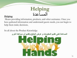 Helping
Means providing information, products, and other assistance. Once you
have gathered information and understand guests needs, you can begin to
help them make decisions.
Its all about the Product Knowledge
‫المساعدة‬
‫أخرى‬ ‫مساعدة‬ ‫أى‬ ‫وتقديم‬ ‫المنتج‬ ‫عرض‬ ‫و‬ ‫المعلومات‬ ‫تقديم‬ ‫تعنى‬ ‫المساعدة‬
Helping
14
 