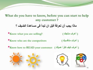 What do you have to know, before you can start to help
any customer ?
•Know what you are selling? ( ‫منتجك‬ ‫أعرف‬ )
•Know who are the competitors ( ‫منافسيك‬ ‫أعرف‬ )
•Know how to READ your customer ( ‫عميلك‬ ‫تقرأ‬ ‫كيف‬ ‫أعرف‬ )
‫؟‬ ‫الضيف‬ ‫مساعدة‬ ‫فى‬ ‫تبدأ‬ ‫ان‬ ‫قبل‬ ‫تعرفة‬ ‫أن‬ ‫يجب‬ ‫ماذا‬
15
 