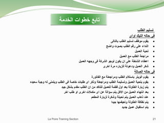 La Poire Training Section 21
‫الطلب‬ ‫تسليم‬
‫اواى‬ ‫التيك‬ ‫حاله‬ ‫فى‬

‫بالتالى‬ ‫الطلب‬ ‫تسليم‬ ‫موظف‬ ‫يقوم‬

‫واضح‬ ‫بصوت‬ ‫الطلب‬ ‫رقم‬ ‫على‬ ‫النداء‬

‫العميل‬ ‫تحية‬

‫العميل‬ ‫مع‬ ‫الطلب‬ ‫مراجعة‬

‫العميل‬ ‫وجهه‬ ‫فى‬ ‫الشركة‬ ‫لوجو‬ ‫يكون‬ ‫ان‬ ‫على‬ ‫الشنطة‬ ‫اعطاء‬

‫اخرى‬ ‫مرة‬ ‫للزياره‬ ‫ودعوتة‬ ‫العميل‬ ‫شكر‬
‫الصالة‬ ‫حاله‬ ‫فى‬

‫الفاتورة‬ ‫مع‬ ‫ومراجعتة‬ ‫الطلب‬ ‫باستالم‬ ‫الويتر‬ ‫يقوم‬

‫سعيده‬ ‫وجبة‬ ‫له‬ ‫ويتمنى‬ ‫الطلب‬ ‫فى‬ ‫خاصة‬ ‫طلبات‬ ‫اى‬ ‫وذكر‬ ‫ومراجعتة‬ ‫الطلب‬ ‫وتسليمة‬ ‫العميل‬ ‫بتحية‬ ‫بقوم‬

‫جيد‬ ‫بشكل‬ ‫مقدم‬ ‫الطلب‬ ‫ان‬ ‫من‬ ‫للتاكد‬ ‫للعميل‬ ‫قطمة‬ ‫اول‬ ‫بعد‬ ‫الطاولة‬ ‫زيارة‬ ‫يتم‬

‫اخر‬ ‫طلب‬ ‫او‬ ‫اخرى‬ ‫مكمالت‬ ‫اى‬ ‫عن‬ ‫سؤالة‬ ‫يتم‬ ‫االكل‬ ‫من‬ ‫العميل‬ ‫انتهاء‬ ‫بعد‬

‫المطعم‬ ‫لزيارة‬ ‫وشكرة‬ ‫تحيتة‬ ‫يتم‬ ‫العميل‬ ‫ذهاب‬ ‫عند‬

‫جيدا‬ ‫وتعيقمها‬ ‫الطاولة‬ ‫نظافة‬ ‫يتم‬

‫جديد‬ ‫عميل‬ ‫استقبال‬ ‫يتم‬
‫الخدمة‬ ‫خطوات‬ ‫تابع‬
 