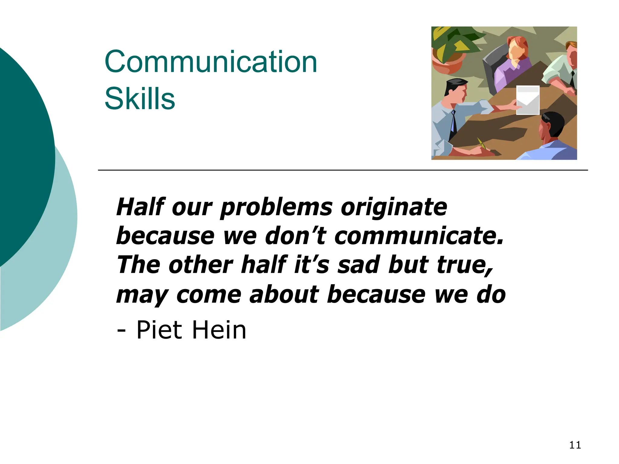 11
Communication
Skills
Half our problems originate
because we don’t communicate.
The other half it’s sad but true,
may come about because we do
- Piet Hein
 