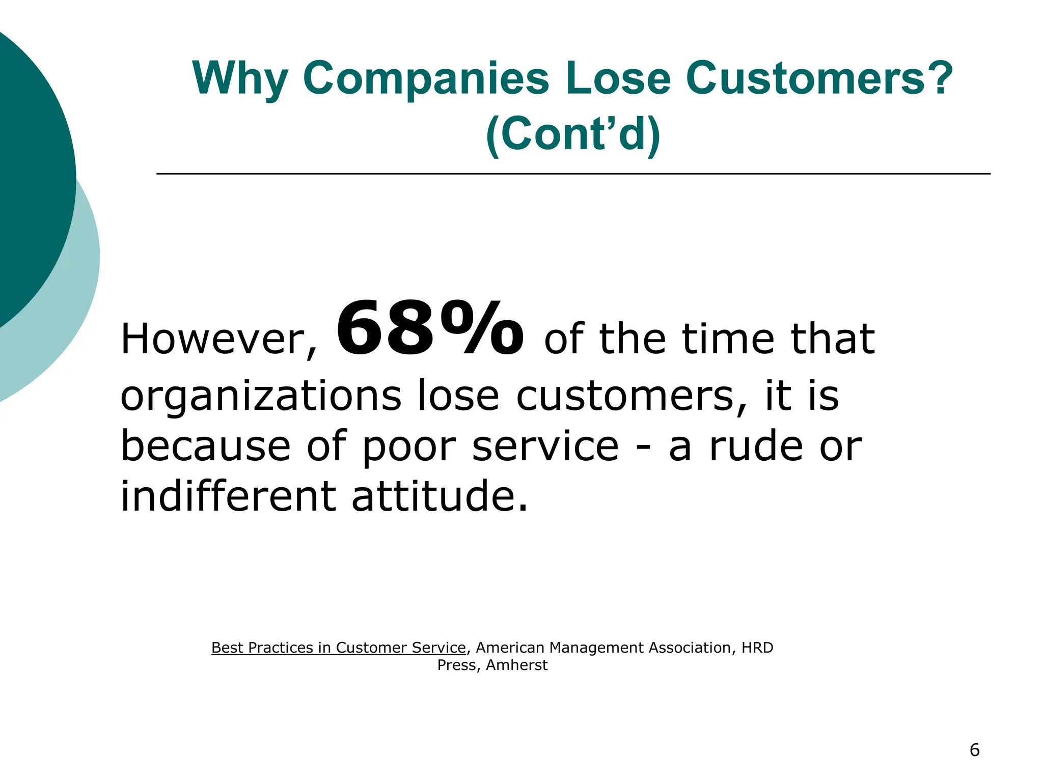 6
Why Companies Lose Customers?
(Cont’d)
However, 68% of the time that
organizations lose customers, it is
because of poor service - a rude or
indifferent attitude.
Best Practices in Customer Service, American Management Association, HRD
Press, Amherst
 
