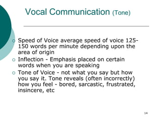 14
Vocal Communication (Tone)
 Speed of Voice average speed of voice 125-
150 words per minute depending upon the
area of origin
 Inflection - Emphasis placed on certain
words when you are speaking
 Tone of Voice - not what you say but how
you say it. Tone reveals (often incorrectly)
how you feel - bored, sarcastic, frustrated,
insincere, etc
 