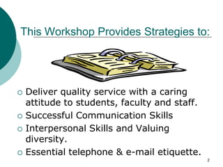 2
This Workshop Provides Strategies to:
 Deliver quality service with a caring
attitude to students, faculty and staff.
 Successful Communication Skills
 Interpersonal Skills and Valuing
diversity.
 Essential telephone & e-mail etiquette.
 