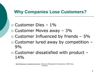 5
Why Companies Lose Customers?
 Customer Dies – 1%
 Customer Moves away – 3%
 Customer Influenced by friends – 5%
 Customer lured away by competition –
9%
 Customer dissatisfied with product –
14%
Best Practices in Customer Service, American Management Association, HRD Press,
Amherst
 