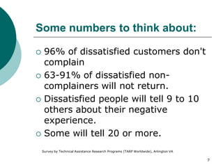 7
Some numbers to think about:
 96% of dissatisfied customers don't
complain
 63-91% of dissatisfied non-
complainers will not return.
 Dissatisfied people will tell 9 to 10
others about their negative
experience.
 Some will tell 20 or more.
Survey by Technical Assistance Research Programs (TARP Worldwide), Arlington VA
 