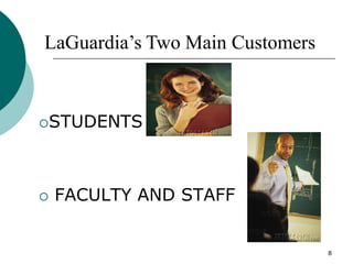 8
STUDENTS
 FACULTY AND STAFF
LaGuardia’s Two Main Customers
 