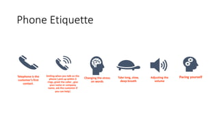 Phone Etiquette
Telephone is the
customer’s first
contact.
Smiling when you talk on the
phone ( pick up within 3
rings, greet the caller , give
your name or company
name, ask the customer if
you can help)
Changing the stress
on words
Take long, slow,
deep breath
Adjusting the
volume
Pacing yourself
 