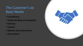 The Customer‘s six
Basic Needs
• Friendliness
• Understanding and empathy
• Fairness
• Control
• Options and alternatives
• Information
 