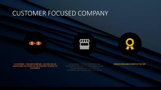 CUSTOMER FOCUSED COMPANY
A CUSTOMER – FOCUSED COMPANY , HAS ONE EYE ON
PROFITS AND THE OTHER EYE ON HOW BEST TO SERVE ITS
CUSTOMERS.
A CUSTOMER – FOCUSED COMPANY HAS
DISCOVERED THAT PROFITS AND MARKET SHARE
ARE THE PRODUCTS OF LISTENING TO
CUSTOMERS AND ACTING UPON THEIR NEEDS.
SERVICE EXCELLENCE STARTS AT THE TOP.
 