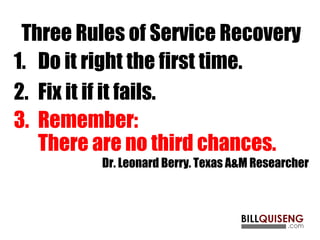 Three Rules of Service Recovery
1. Do it right the first time.
2. Fix it if it fails.
3. Remember:
There are no third chances.
Dr. Leonard Berry. Texas A&M Researcher
 