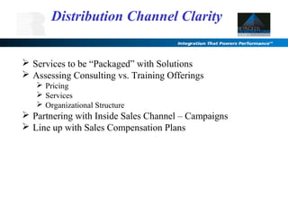 Services to be “Packaged” with Solutions
 Assessing Consulting vs. Training Offerings
 Pricing
 Services
 Organizational Structure
 Partnering with Inside Sales Channel – Campaigns
 Line up with Sales Compensation Plans
Distribution Channel Clarity
 