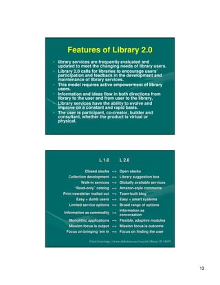 Features of Library 2.0
• library services are frequently evaluated and
  updated to meet the changing needs of library users.
• Library 2.0 calls for libraries to encourage users’
  participation and feedback in the development and
  maintenance of library services.
• This model requires active empowerment of library
  users.
• Information and ideas flow in both directions from
  library to the user and from user to the library,
• Library services have the ability to evolve and
  improve on a constant and rapid basis.
• The user is participant, co-creator, builder and
  consultant, whether the product is virtual or
  physical.




                         L 1.0          L 2.0

                Closed stacks --> Open stacks
                              -->
       Collection development --> Library suggestion box
                              -->
              Walk-in services --> Globally available services
              Walk-            -->
          “Read-only” catalog --> Amazon-style comments
           Read-              --> Amazon-
    Print newsletter mailed out --> Team-built blog
                                --> Team-
           Easy = dumb users --> Easy = smart systems
                             -->
       Limited service options --> Broad range of options
                               -->
                                        Information as
     Information as commodity -->
                              -->
                                        conversation
       Monolithic applications --> Flexible, adaptive modules
                               -->
       Mission focus is output --> Mission focus is outcome
                               -->
      Focus on bringing ‘em in --> Focus on finding the user
                        ‘em    -->

                  Cited from http://www.slideshare.net/tonywh/library-20-18639




                                                                                 13
 