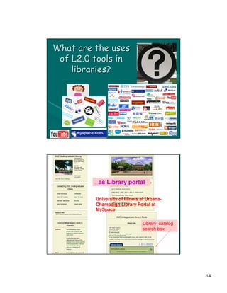 What are the uses
 of L2.0 tools in
    libraries?




    …as Library Portals
         …as Library portal


           University of Illinois at Urbana-
           Champaign Library Portal at
           MySpace


                                  Library catalog
                                  search box




                                                    14
 