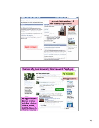 …provide book reviews of
                            new library acquisitions




    Book reviews




Example of a local University library page @ Facebook

                                              FB features

                                              FB applications




                                   Feedback




FB applications:
books, journal
articles, photos,
videos, news,
events, libsearch,
reference resources...




                                                                16
 