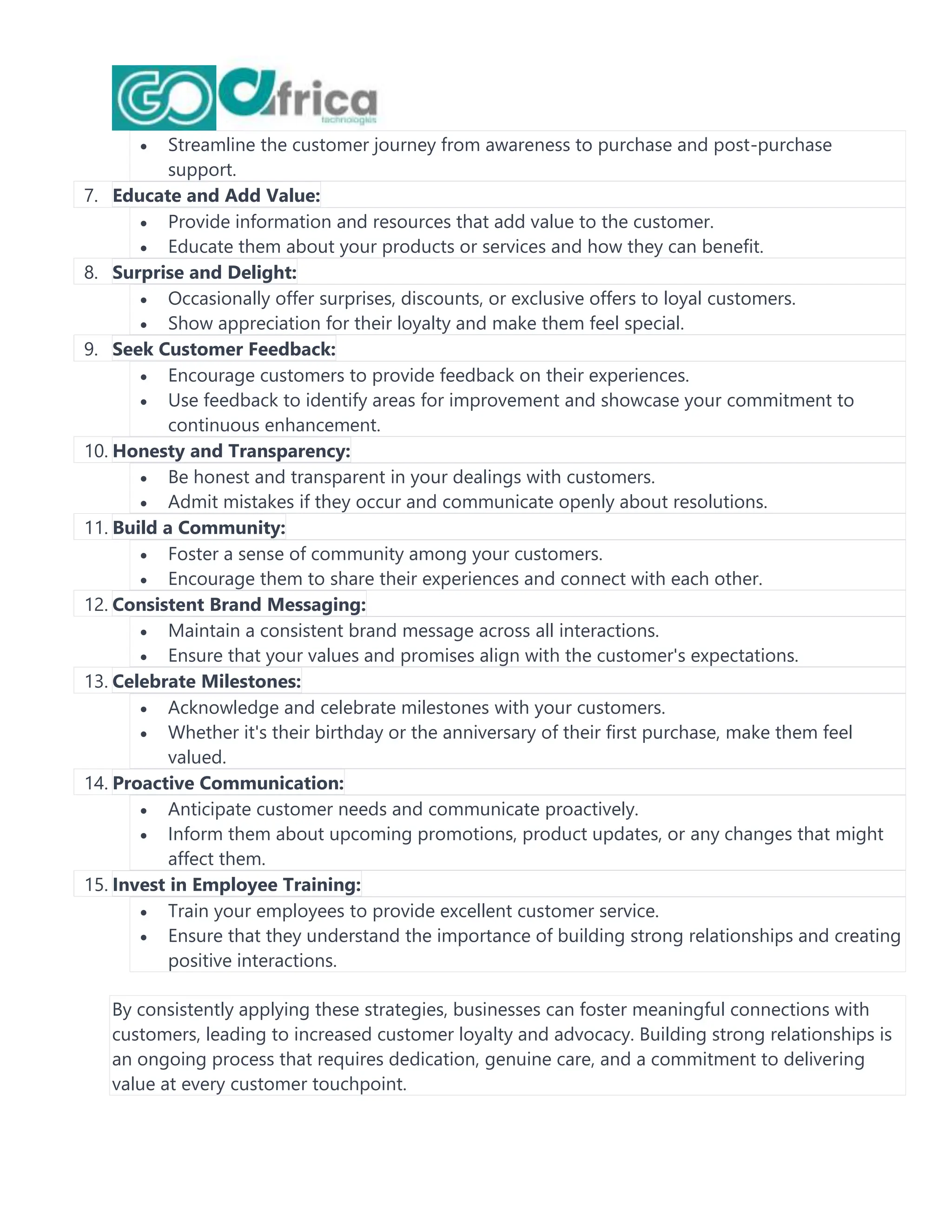  Streamline the customer journey from awareness to purchase and post-purchase
support.
7. Educate and Add Value:
 Provide information and resources that add value to the customer.
 Educate them about your products or services and how they can benefit.
8. Surprise and Delight:
 Occasionally offer surprises, discounts, or exclusive offers to loyal customers.
 Show appreciation for their loyalty and make them feel special.
9. Seek Customer Feedback:
 Encourage customers to provide feedback on their experiences.
 Use feedback to identify areas for improvement and showcase your commitment to
continuous enhancement.
10. Honesty and Transparency:
 Be honest and transparent in your dealings with customers.
 Admit mistakes if they occur and communicate openly about resolutions.
11. Build a Community:
 Foster a sense of community among your customers.
 Encourage them to share their experiences and connect with each other.
12. Consistent Brand Messaging:
 Maintain a consistent brand message across all interactions.
 Ensure that your values and promises align with the customer's expectations.
13. Celebrate Milestones:
 Acknowledge and celebrate milestones with your customers.
 Whether it's their birthday or the anniversary of their first purchase, make them feel
valued.
14. Proactive Communication:
 Anticipate customer needs and communicate proactively.
 Inform them about upcoming promotions, product updates, or any changes that might
affect them.
15. Invest in Employee Training:
 Train your employees to provide excellent customer service.
 Ensure that they understand the importance of building strong relationships and creating
positive interactions.
By consistently applying these strategies, businesses can foster meaningful connections with
customers, leading to increased customer loyalty and advocacy. Building strong relationships is
an ongoing process that requires dedication, genuine care, and a commitment to delivering
value at every customer touchpoint.
 