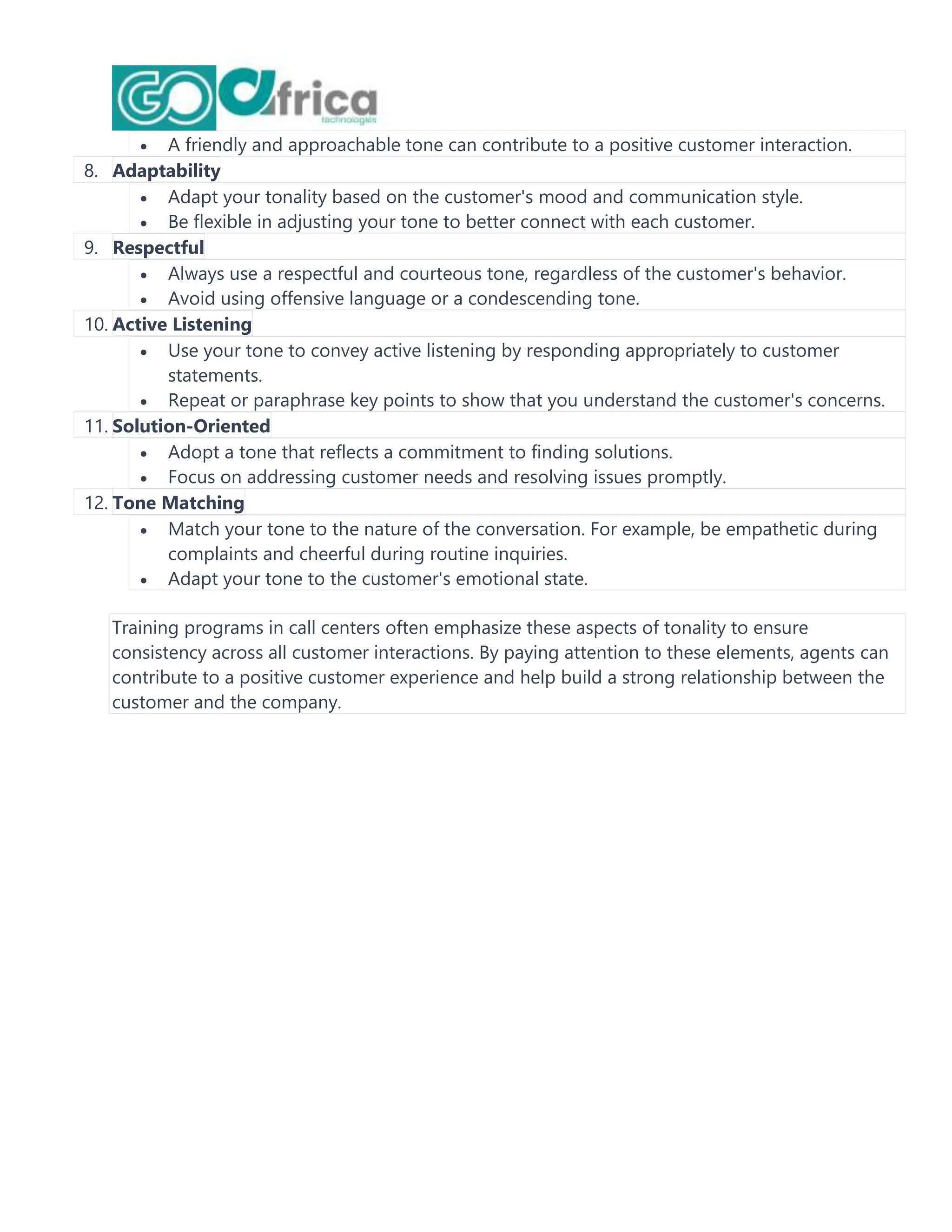  A friendly and approachable tone can contribute to a positive customer interaction.
8. Adaptability
 Adapt your tonality based on the customer's mood and communication style.
 Be flexible in adjusting your tone to better connect with each customer.
9. Respectful
 Always use a respectful and courteous tone, regardless of the customer's behavior.
 Avoid using offensive language or a condescending tone.
10. Active Listening
 Use your tone to convey active listening by responding appropriately to customer
statements.
 Repeat or paraphrase key points to show that you understand the customer's concerns.
11. Solution-Oriented
 Adopt a tone that reflects a commitment to finding solutions.
 Focus on addressing customer needs and resolving issues promptly.
12. Tone Matching
 Match your tone to the nature of the conversation. For example, be empathetic during
complaints and cheerful during routine inquiries.
 Adapt your tone to the customer's emotional state.
Training programs in call centers often emphasize these aspects of tonality to ensure
consistency across all customer interactions. By paying attention to these elements, agents can
contribute to a positive customer experience and help build a strong relationship between the
customer and the company.
 