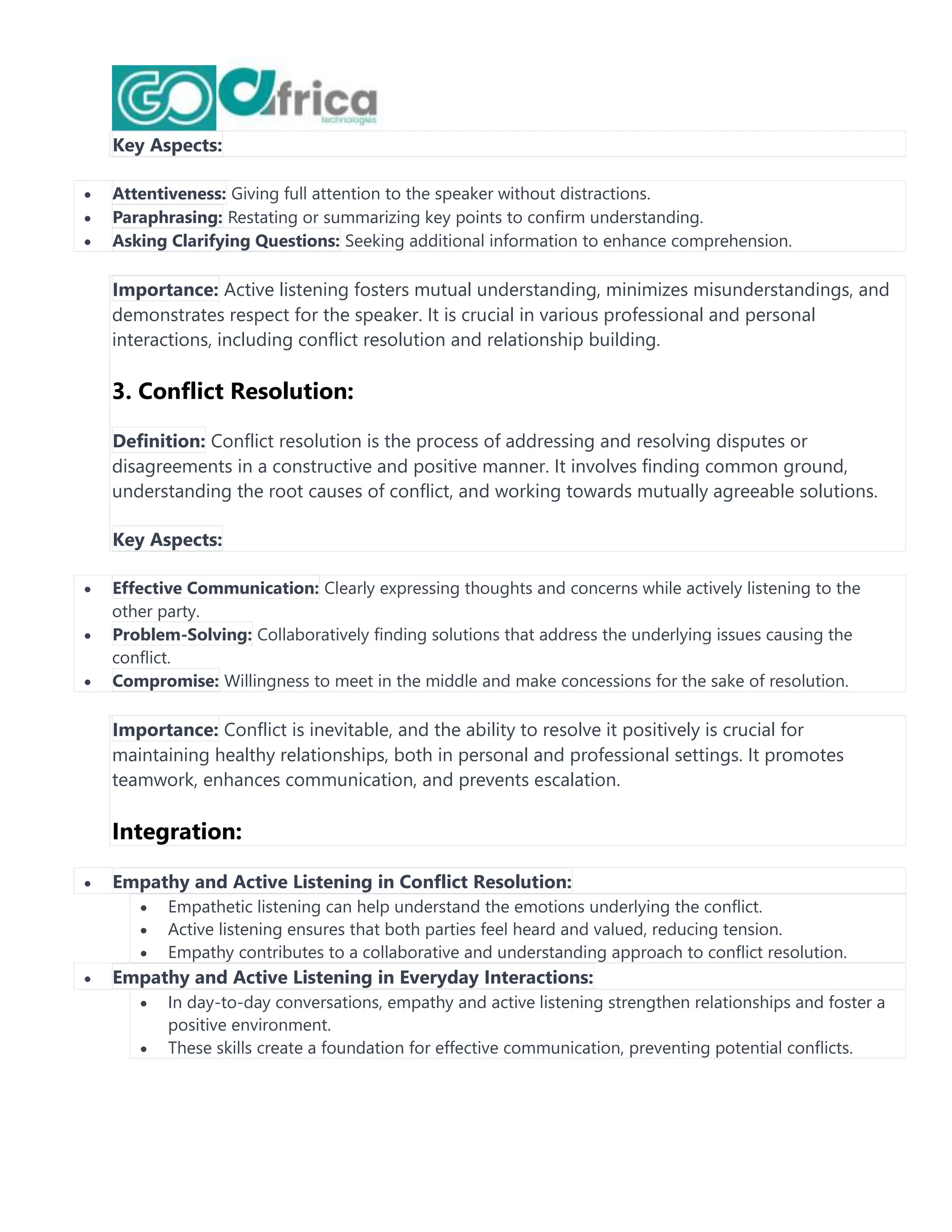 Key Aspects:
 Attentiveness: Giving full attention to the speaker without distractions.
 Paraphrasing: Restating or summarizing key points to confirm understanding.
 Asking Clarifying Questions: Seeking additional information to enhance comprehension.
Importance: Active listening fosters mutual understanding, minimizes misunderstandings, and
demonstrates respect for the speaker. It is crucial in various professional and personal
interactions, including conflict resolution and relationship building.
3. Conflict Resolution:
Definition: Conflict resolution is the process of addressing and resolving disputes or
disagreements in a constructive and positive manner. It involves finding common ground,
understanding the root causes of conflict, and working towards mutually agreeable solutions.
Key Aspects:
 Effective Communication: Clearly expressing thoughts and concerns while actively listening to the
other party.
 Problem-Solving: Collaboratively finding solutions that address the underlying issues causing the
conflict.
 Compromise: Willingness to meet in the middle and make concessions for the sake of resolution.
Importance: Conflict is inevitable, and the ability to resolve it positively is crucial for
maintaining healthy relationships, both in personal and professional settings. It promotes
teamwork, enhances communication, and prevents escalation.
Integration:
 Empathy and Active Listening in Conflict Resolution:
 Empathetic listening can help understand the emotions underlying the conflict.
 Active listening ensures that both parties feel heard and valued, reducing tension.
 Empathy contributes to a collaborative and understanding approach to conflict resolution.
 Empathy and Active Listening in Everyday Interactions:
 In day-to-day conversations, empathy and active listening strengthen relationships and foster a
positive environment.
 These skills create a foundation for effective communication, preventing potential conflicts.
 