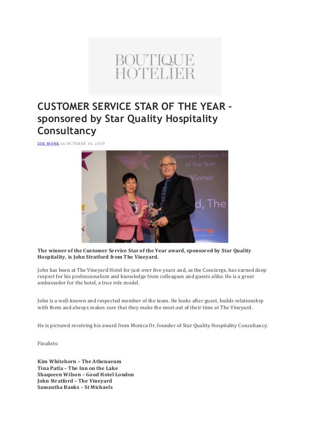 Customer Service Star Of The Year 2019 Boutique Hotelier 14 Oct 2