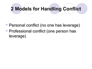 2 Models for Handling Conflict
 Personal

conflict (no one has leverage)
 Professional conflict (one person has
leverage)

 