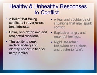 Healthy & Unhealthy Responses
              to Conflict
●   A belief that facing         ●   A fear and avoidance of
    conflict is in everyone's        situations that may spark
    best interests.                  conflict.
●   Calm, non-defensive and      ●   Explosive, angry and
    respectful reactions.            resentful feelings.
●   The ability to seek          ●   Rigid, steadfast
    understanding and                behaviors or opinions
    identify opportunities for       and desire to “win”.
    compromise.
 