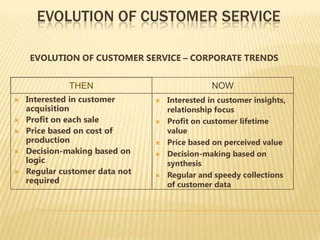 EVOLUTION OF CUSTOMER SERVICE

    EVOLUTION OF CUSTOMER SERVICE – CORPORATE TRENDS


              THEN                              NOW
   Interested in customer         Interested in customer insights,
    acquisition                     relationship focus
   Profit on each sale            Profit on customer lifetime
   Price based on cost of          value
    production                     Price based on perceived value
   Decision-making based on       Decision-making based on
    logic                           synthesis
   Regular customer data not      Regular and speedy collections
    required                        of customer data
 