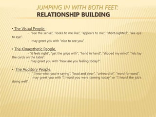 JUMPING IN WITH BOTH FEET:
                  RELATIONSHIP BUILDING

• The Visual People.
           - “see the sense”, “looks to me like”, “appears to me”, “short-sighted”, “see eye
to eye”.
           - may greet you with “nice to see you”

• The Kinaesthetic People.
           - “it feels right”, “get the grips with”, “hand in hand”, “slipped my mind”, “lets lay
the cards on the table”.
           - may greet you with “how are you feeling today?”.

• The Auditory People.
           - “ I hear what you’re saying”, “loud and clear”, “unheard of”, “word for word”.
           - may greet you with “I heard you were coming today” or “I heard the job’s
doing well”.
 