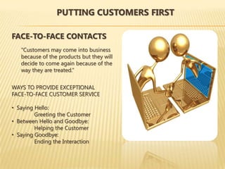 PUTTING CUSTOMERS FIRST

FACE-TO-FACE CONTACTS
   “Customers may come into business
   because of the products but they will
   decide to come again because of the
   way they are treated.”


WAYS TO PROVIDE EXCEPTIONAL
FACE-TO-FACE CUSTOMER SERVICE

• Saying Hello:
         Greeting the Customer
• Between Hello and Goodbye:
         Helping the Customer
• Saying Goodbye:
         Ending the Interaction
 
