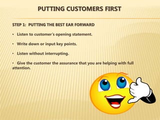 PUTTING CUSTOMERS FIRST

STEP 1: PUTTING THE BEST EAR FORWARD

• Listen to customer’s opening statement.

• Write down or input key points.

• Listen without interrupting.

• Give the customer the assurance that you are helping with full
attention.
 