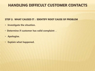 HANDLING DIFFICULT CUSTOMER CONTACTS


STEP 2: WHAT CAUSED IT : IDENTIFY ROOT CAUSE OF PROBLEM

• Investigate the situation.

• Determine if customer has valid complaint .

• Apologize.

• Explain what happened.
 