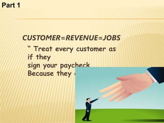 Part 1



         CUSTOMER=REVENUE=JOBS
          “ Treat every customer as
          if they
          sign your paycheck….
          Because they do.”
 