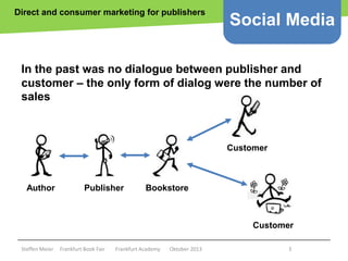 Direct and consumer marketing for publishers

Social Media

In the past was no dialogue between publisher and
customer – the only form of dialog were the number of
sales

Customer

Author

Publisher

Bookstore

Customer
Copyright epsos.de http://www.flickr.com/photos/epsos/4376727123/

Steffen Meier

Frankfurt Book Fair

Frankfurt Academy

Oktober 2013

3

 