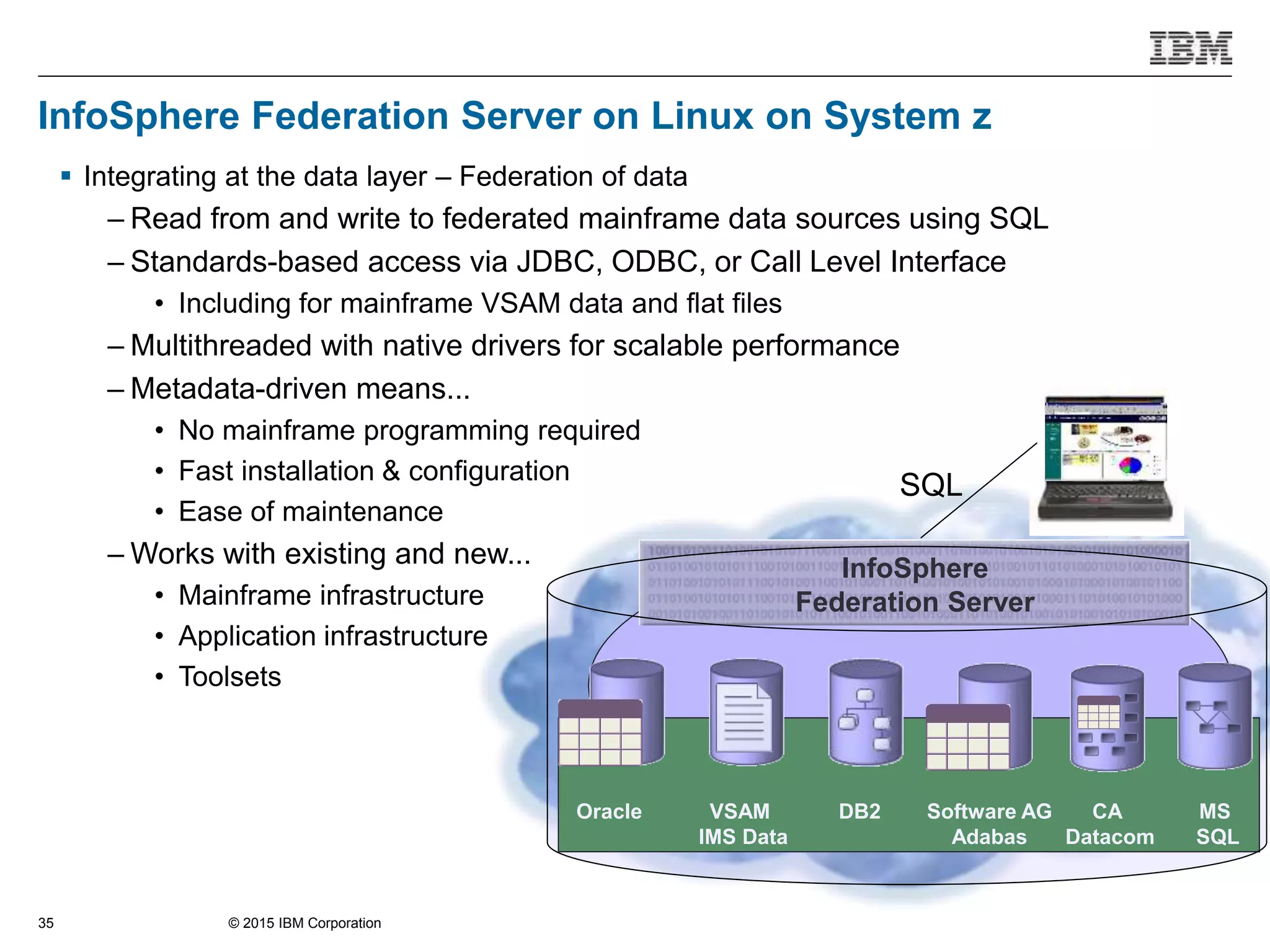 © 2015 IBM Corporation35
InfoSphere Federation Server on Linux on System z
 Integrating at the data layer – Federation of data
– Read from and write to federated mainframe data sources using SQL
– Standards-based access via JDBC, ODBC, or Call Level Interface
• Including for mainframe VSAM data and flat files
– Multithreaded with native drivers for scalable performance
– Metadata-driven means...
• No mainframe programming required
• Fast installation & configuration
• Ease of maintenance
– Works with existing and new...
• Mainframe infrastructure
• Application infrastructure
• Toolsets
Oracle Software AG
Adabas
VSAM
IMS Data
MS
SQL
CA
Datacom
DB2
InfoSphere
Federation Server
SQL
 