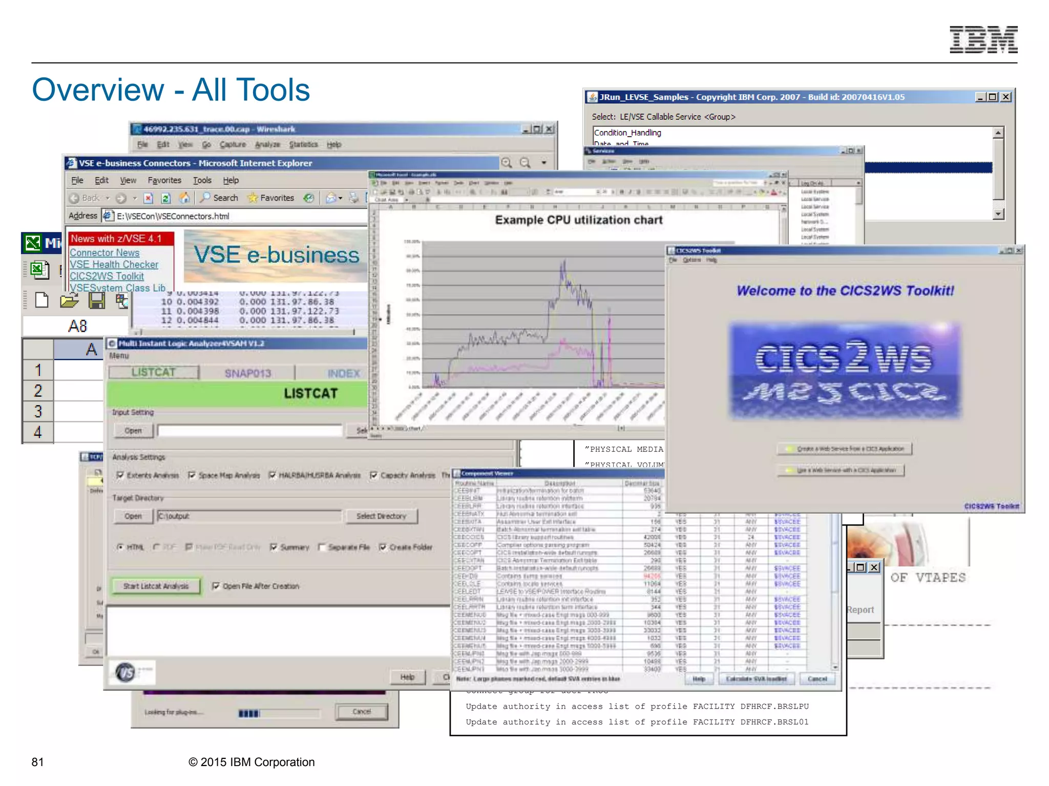 © 2015 IBM Corporation81
Overview - All Tools
// EXEC BSTXREF,PARM='GROUP=*'
1S54I PHASE BSTXREF IS TO BE FETCHED FROM IJSYSRS.SYSLIB
BSM Cross Reference Report
of All Groups
Occurrences of group GROUP01
Group description TRANSEC CLASS MIGRAT
Connect group for user $SRV
Connect group for user CICSUSER
Connect group for user OPER
Connect group for user PROG
Update authority in access list of profile FACILITY DFHRCF.BRSLPU
Update authority in access list of profile FACILITY DFHRCF.BRSL01
Bulk Volume Information Retrieval
”CACHE CONTENTS” or
”VOLUME MAP” or
”POINT IN TIME STATISTICS” or
”HISTORICAL STATISTICS FOR xxx-yyy” or
”PHYSICAL MEDIA POOLS” or
”PHYSICAL VOLUME STATUS VOLUME zzzzzz” or
”PHYSICAL VOLUME STATUS POOL xx” or
”COPY AUDIT COPYMODE INCLUDE/EXCLUDE libids”
left justified, padded with blanks on the right.
 