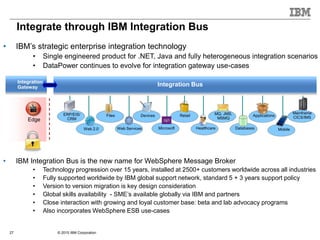 © 2015 IBM Corporation27
Edge
Integration
Gateway Integration Bus
ERP/EIS/
CRM
Files Devices Retail MQ, JMS,
MSMQ
Applications
Mainframe
CICS/IMS
Web 2.0 Web Services Microsoft Healthcare Databases Mobile
Integrate through IBM Integration Bus
• IBM’s strategic enterprise integration technology
• Single engineered product for .NET, Java and fully heterogeneous integration scenarios
• DataPower continues to evolve for integration gateway use-cases
• IBM Integration Bus is the new name for WebSphere Message Broker
• Technology progression over 15 years, installed at 2500+ customers worldwide across all industries
• Fully supported worldwide by IBM global support network, standard 5 + 3 years support policy
• Version to version migration is key design consideration
• Global skills availability - SME’s available globally via IBM and partners
• Close interaction with growing and loyal customer base: beta and lab advocacy programs
• Also incorporates WebSphere ESB use-cases
 