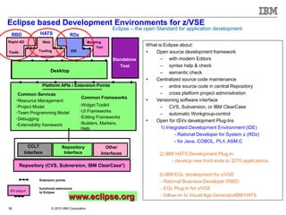 © 2015 IBM Corporation56
Platform APIs / Extension Points
Common
Services
•
Resource
Management
•
Project
Model
•Team Programming Model
•
Scripting
Support
•
Debuggi
ng
•Extensibility Framework
Desktop
Common Frameworks
•Widget Toolkit
•UI Frameworks
•Source Editing Framework
•Graphics Editing Framework
•MOF and XMI
•Builders, Markers, Help
Extension points
ISV plug-in
Platform APIs / Extension Points
Common Services
Desktop
Standalone
Tool
Standalone
Tool
Modeling
Tool
Modeling
Tool
IDE
Repository (CVS, Subversion, IBM ClearCase*)
Common Frameworks
Web
Tooling
Web
Tooling
CCLT
Interface
Other
Interfaces
Resource Management
Project Model
Team Programming Model
Debugging
Extensibility framework
Widget Toolkit
UI Frameworks
Editing Frameworks
Builders, Markers,
Help
www.eclipse.org
Eclipse – the open Standard for application development
Rapid AD
Tools
Rapid AD
Tools
functional extensions
to Eclipse
Repository
Interface
RBD
What is Eclipse about:
 Open source development framework
– with modern Editors
– syntax help & check
– semantic check
 Centralized source code maintenance
– entire source code in central Repository
– cross platform project administration
 Versioning software interface
– CVS, Subversion, or IBM ClearCase
– automatic Workgroup-control
 Open for ISVs development Plug-Ins
1) Integrated Development Environment (IDE)
- Rational Developer for System z (RDz)
- for Java, COBOL, PL/I, ASM,C
2) IBM HATS Development Plug-In
- develop new front-ends to 3270 applications
3) IBM EGL development for z/VSE
- Rational Business Developer (RBD)
- EGL Plug-In for z/VSE
- follow-on to Visual Age GeneratorIBM HATS
Eclipse based Development Environments for z/VSE
RDzHATS
 