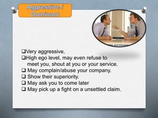 Very aggressive,
High ego level, may even refuse to
meet you, shout at you or your service.
 May complain/abuse your company.
 Show their superiority.
 May ask you to come later
 May pick up a fight on a unsettled claim.
 