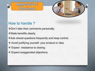 How to handle ?
Don’t take their comments personally.
State benefits clearly.
Ask closed questions frequently and keep control.
 Avoid justifying yourself, your product or idea
 Expect resistance to closing.
 Expect exaggerated objections.
 