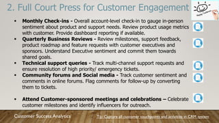 2. Full Court Press for Customer Engagement
Customer Success Analytics
 Monthly Check-ins - Overall account-level check-in to gauge in-person
sentiment about product and support needs. Review product usage metrics
with customer. Provide dashboard reporting if available.
 Quarterly Business Reviews - Review milestones, support feedback,
product roadmap and feature requests with customer executives and
sponsors. Understand Executive sentiment and commit them towards
shared goals.
 Technical support queries - Track multi-channel support requests and
ensure resolution of high priority/ emergency tickets.
 Community forums and Social media - Track customer sentiment and
comments in online forums. Flag comments for follow-up by converting
them to tickets.
 Attend Customer-sponsored meetings and celebrations – Celebrate
customer milestones and identify influencers for outreach.
Tip: Capture all customer touchpoints and activities in CRM system
 
