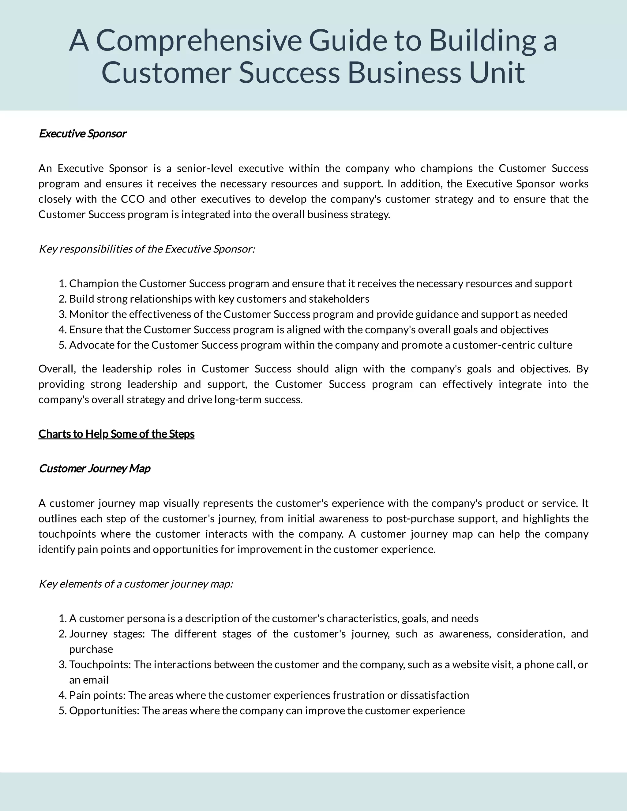 A Comprehensive Guide to Building a
Customer Success Business Unit
Executive Sponsor
An Executive Sponsor is a senior-level executive within the company who champions the Customer Success
program and ensures it receives the necessary resources and support. In addition, the Executive Sponsor works
closely with the CCO and other executives to develop the company's customer strategy and to ensure that the
Customer Success program is integrated into the overall business strategy.
Key responsibilities of the Executive Sponsor:
1. Champion the Customer Success program and ensure that it receives the necessary resources and support
2. Build strong relationships with key customers and stakeholders
3. Monitor the effectiveness of the Customer Success program and provide guidance and support as needed
4. Ensure that the Customer Success program is aligned with the company's overall goals and objectives
5. Advocate for the Customer Success program within the company and promote a customer-centric culture
Overall, the leadership roles in Customer Success should align with the company's goals and objectives. By
providing strong leadership and support, the Customer Success program can effectively integrate into the
company's overall strategy and drive long-term success.
Charts to Help Some of the Steps
Customer Journey Map
A customer journey map visually represents the customer's experience with the company's product or service. It
outlines each step of the customer's journey, from initial awareness to post-purchase support, and highlights the
touchpoints where the customer interacts with the company. A customer journey map can help the company
identify pain points and opportunities for improvement in the customer experience.
Key elements of a customer journey map:
1. A customer persona is a description of the customer's characteristics, goals, and needs
2. Journey stages: The different stages of the customer's journey, such as awareness, consideration, and
purchase
3. Touchpoints: The interactions between the customer and the company, such as a website visit, a phone call, or
an email
4. Pain points: The areas where the customer experiences frustration or dissatisfaction
5. Opportunities: The areas where the company can improve the customer experience
 