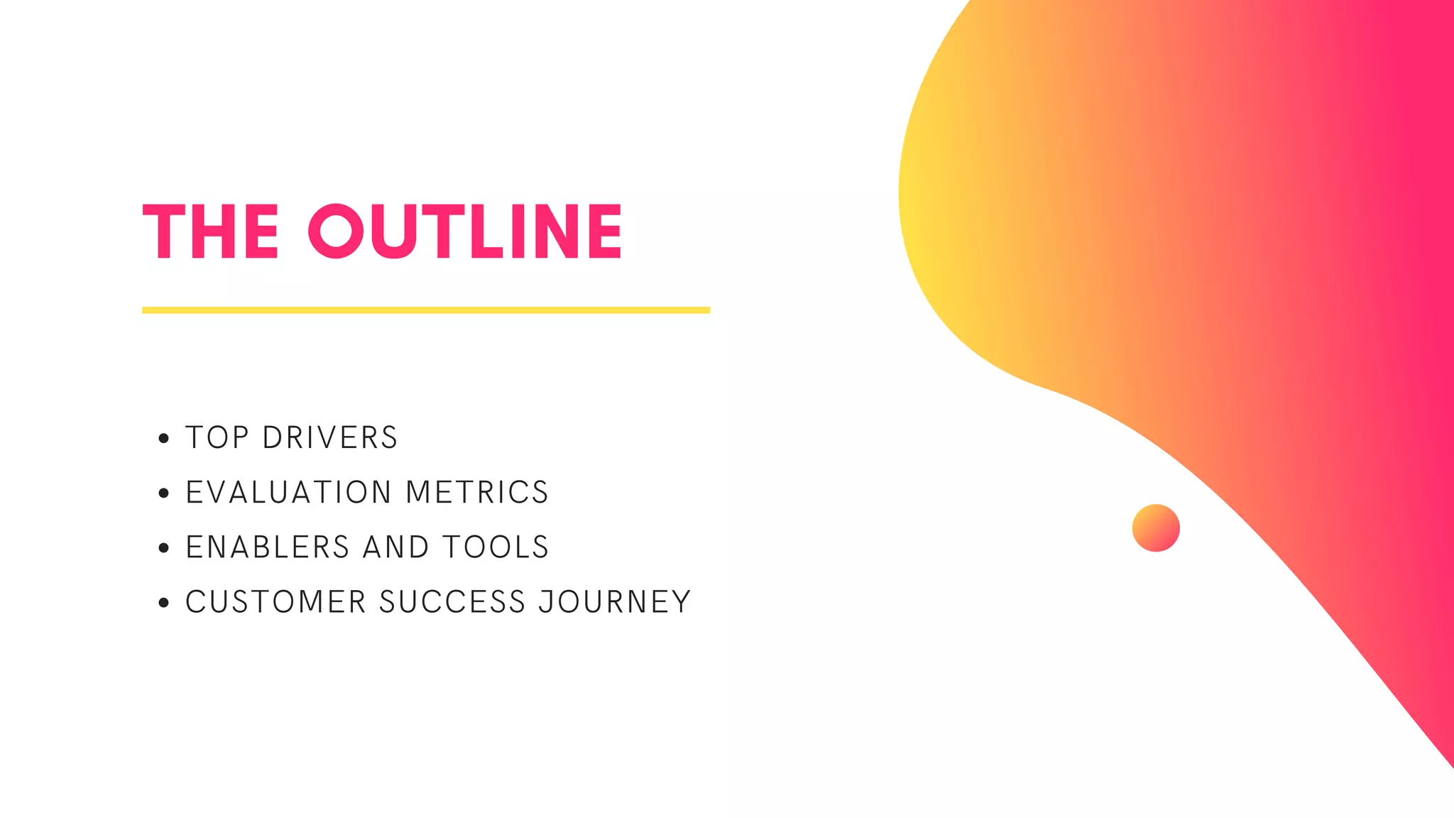 THE OUTLINE
TOP DRIVERS
EVALUATION METRICS
ENABLERS AND TOOLS
CUSTOMER SUCCESS JOURNEY