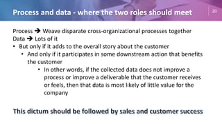 20
Process and data - where the two roles should meet
Process  Weave disparate cross-organizational processes together
Data  Lots of it
• But only if it adds to the overall story about the customer
• And only if it participates in some downstream action that benefits
the customer
• In other words, if the collected data does not improve a
process or improve a deliverable that the customer receives
or feels, then that data is most likely of little value for the
company
 