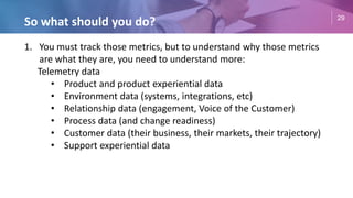 29
So what should you do?
1. You must track those metrics, but to understand why those metrics
are what they are, you need to understand more:
Telemetry data
• Product and product experiential data
• Environment data (systems, integrations, etc)
• Relationship data (engagement, Voice of the Customer)
• Process data (and change readiness)
• Customer data (their business, their markets, their trajectory)
• Support experiential data
 