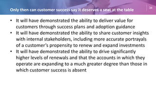34
Only then can customer success say it deserves a seat at the table
• It will have demonstrated the ability to deliver value for
customers through success plans and adoption guidance
• It will have demonstrated the ability to share customer insights
with internal stakeholders, including more accurate portrayals
of a customer’s propensity to renew and expand investments
• It will have demonstrated the ability to drive significantly
higher levels of renewals and that the accounts in which they
operate are expanding to a much greater degree than those in
which customer success is absent
 