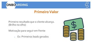 PrimeiroValor
Primeiro resultado que o cliente alcança.
(Brilho no olho)
Motivação para seguir em frente
➢ Ex: Primeiros leads gerados
ONBOARDING
 