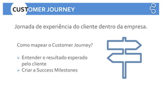 Como mapear o Customer Journey?
➢ Entender o resultado esperado
pelo cliente
➢ Criar a Success Milestones
CUSTOMER JOURNEY
Jornada de experiência do cliente dentro da empresa.
 