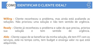 Willing - Cliente reconheceu o problema, mas ainda está avaliando as
soluções. Não priorizou uma solução e não tem sentido de urgência.
Ready - Cliente já reconheceu o problema e sabe do que precisa, prioriza
sua solução e tem sentido de urgência.
Able - Cliente capaz de se beneficiar da minha solução, ele tem FIT com os
serviços, está no tempo certo, tem budget e enxerga valor no que está
adquirindo.
COMO IDENTIFICAR O CLIENTE IDEAL?
 