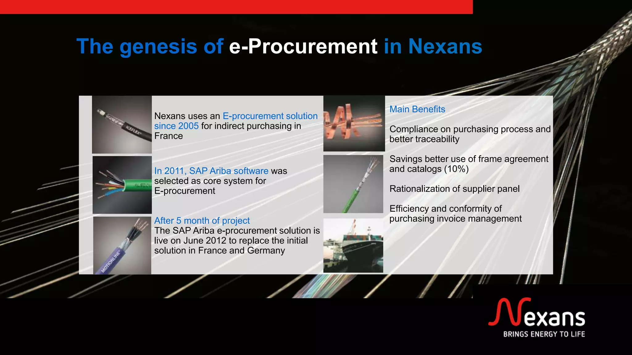 The genesis of e-Procurement in Nexans
Nexans uses an E-procurement solution
since 2005 for indirect purchasing in
France
In 2011, SAP Ariba software was
selected as core system for
E-procurement
After 5 month of project
The SAP Ariba e-procurement solution is
live on June 2012 to replace the initial
solution in France and Germany
Main Benefits
Compliance on purchasing process and
better traceability
Savings better use of frame agreement
and catalogs (10%)
Rationalization of supplier panel
Efficiency and conformity of
purchasing invoice management
 