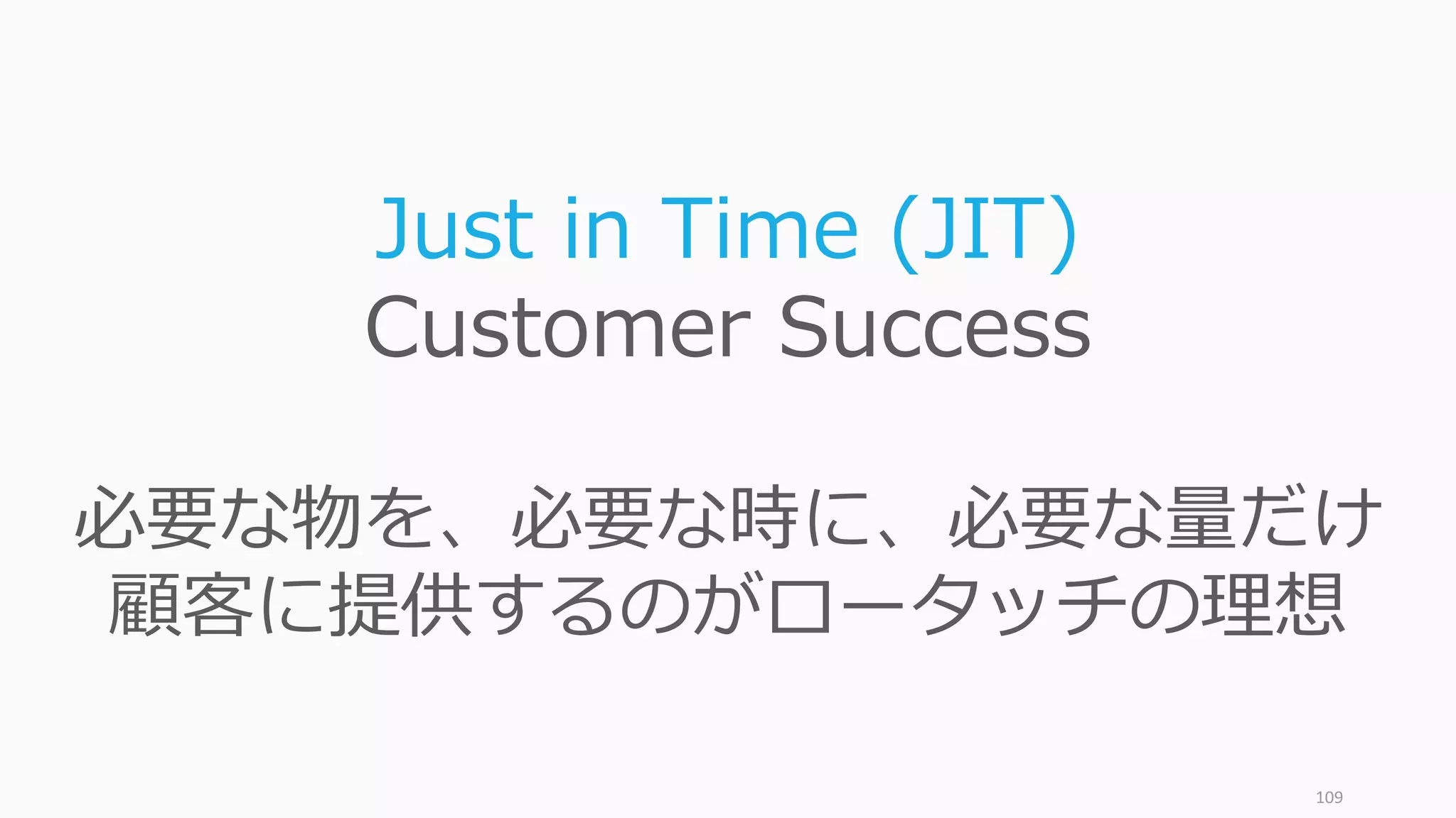 109
Just in Time (JIT)
Customer Success
必要な物を、必要な時に、必要な量だけ
顧客に提供するのがロータッチの理想
 