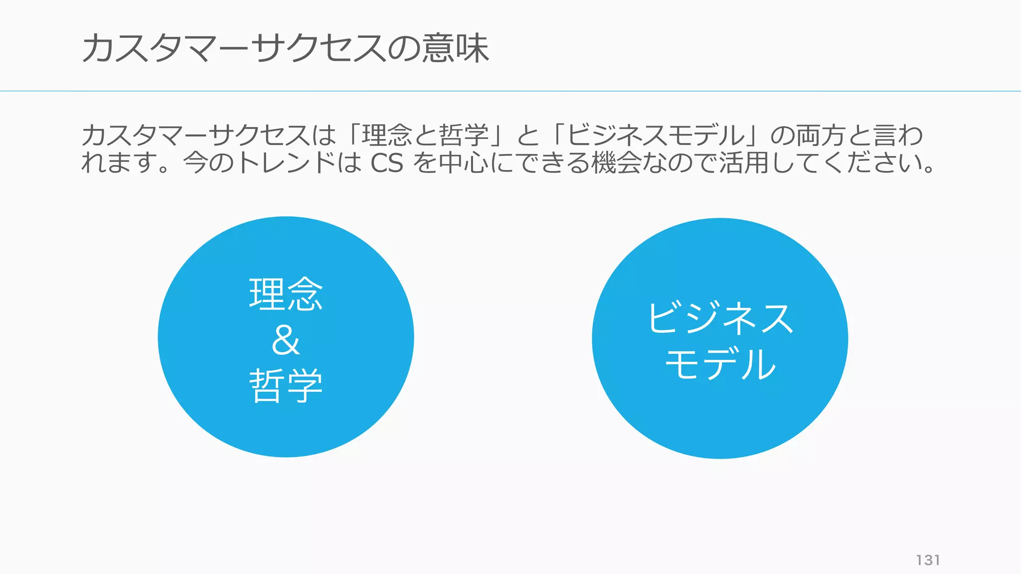 カスタマーサクセスは「理念と哲学」と「ビジネスモデル」の両⽅と⾔わ
れます。今のトレンドは CS を中⼼にできる機会なので活⽤してください。
131
カスタマーサクセスの意味
理念
&
哲学
ビジネス
モデル
 